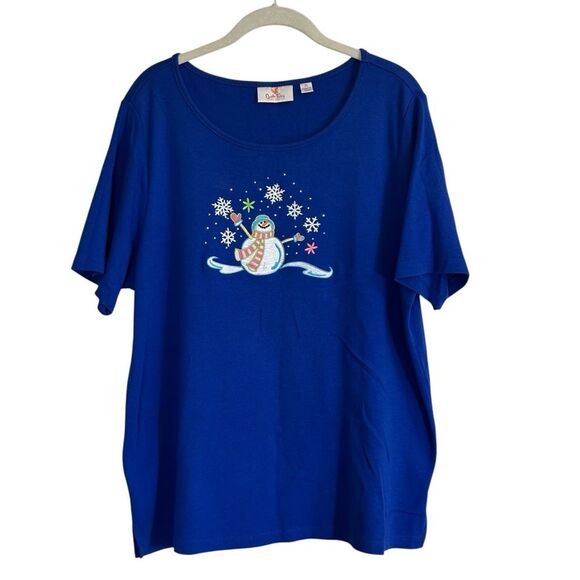 Quacker Factory Royal Blue X-Large Snowman Short Sleeve Knit T-Shirt Embellished - Picture 1 of 11